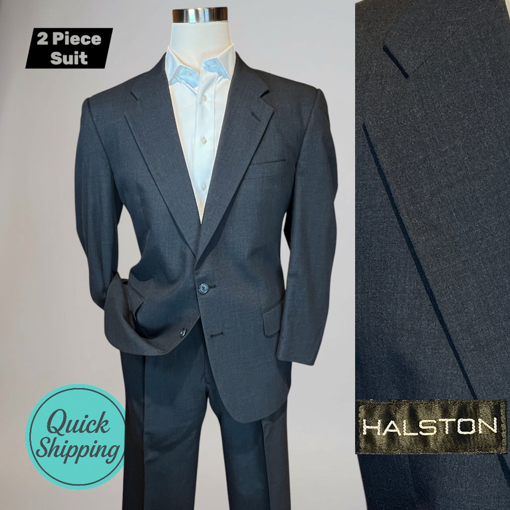 Vintage Halston Mens 44R 36x30 Charcoal Gray Pick Weave Designer Suit Note